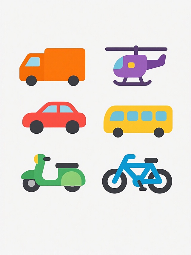 一套6个色彩各异的交通工具图标，保持统一的扁平化设计风格，纯色背景，简洁线条，圆角处理，无阴影，高饱和度色彩。图标内容分别为：红色小汽车、橙色大货车、黄色公交车、绿色摩托车、蓝色自行车、紫色直升机，每个图标尺寸一致，规整排列在白色背景上。