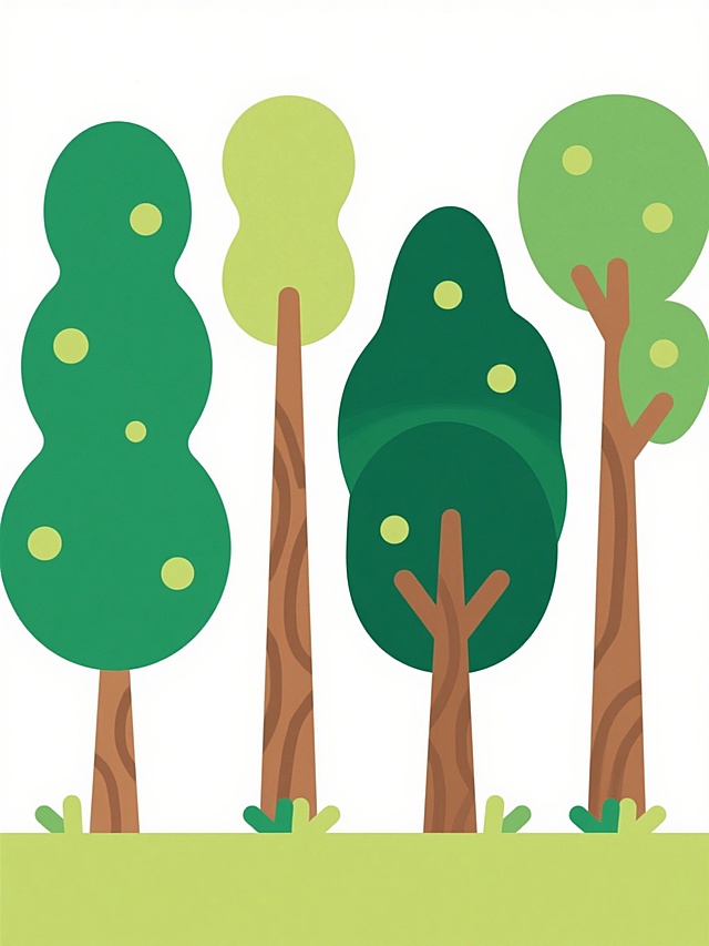 四棵不同品种、不同样式、不同外观的树木，均采用扁平风格插画设计，树干为棕色带有简洁纹理，树冠由不规则圆润绿色色块构成并带有浅黄色高光点缀，底部有小型绿色草丛，树木从左至右排列整齐，间隔均匀，整体呈现清新明快的氛围，背景为纯白色，线条简洁流畅，色彩明快和谐，无其他元素干扰主体树木展示。