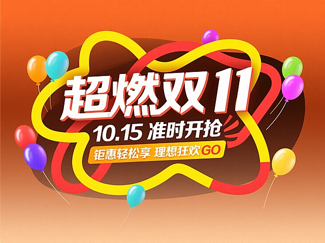 包含主标题“超燃双 11” ，搭配 “10.15准时开抢“、“钜惠轻松享 理想狂欢 GO”，整体以黄、红等鲜艳色彩为主，加入气球、线条等装饰元素，橙色渐变背景