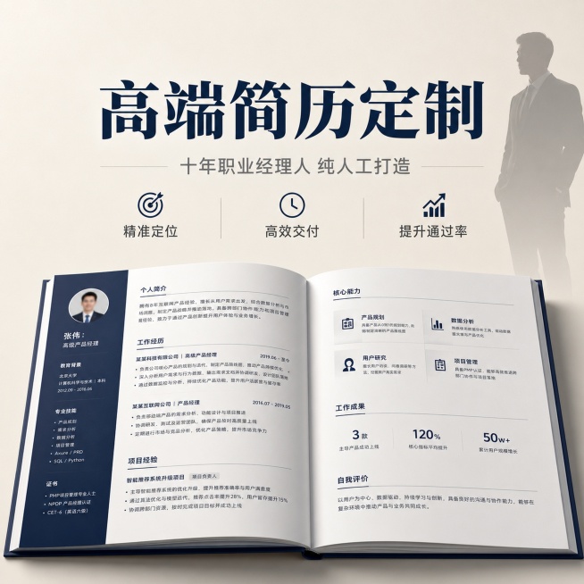 [主图-1] 服务主题与场景吸睛首图，高端个人简历制作优化服务。
[氛围风格] 现代极简商务风，藏蓝色+米白色搭配，沉稳大气高级感。
[画质] 高清商业设计质感，光线均匀柔和，画面干净整洁，文字清晰锐预览效果