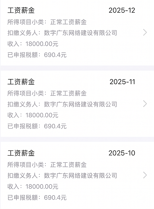修改图片中每一行工资薪金的收入数值，全部改为 18000.00元，将每一行的已申报税额都修改为 690.4元，保持图片原有布局、字体和整体样式不变