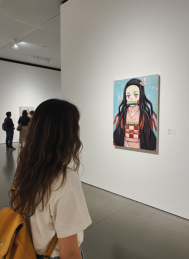 斜拍背面视角，在一个艺术展厅里，参考图人物在欣赏墙上挂着的一幅画，画中是动漫角色弥豆子，远处有其他参观的人，画面是明亮射灯营造的自然氛围。