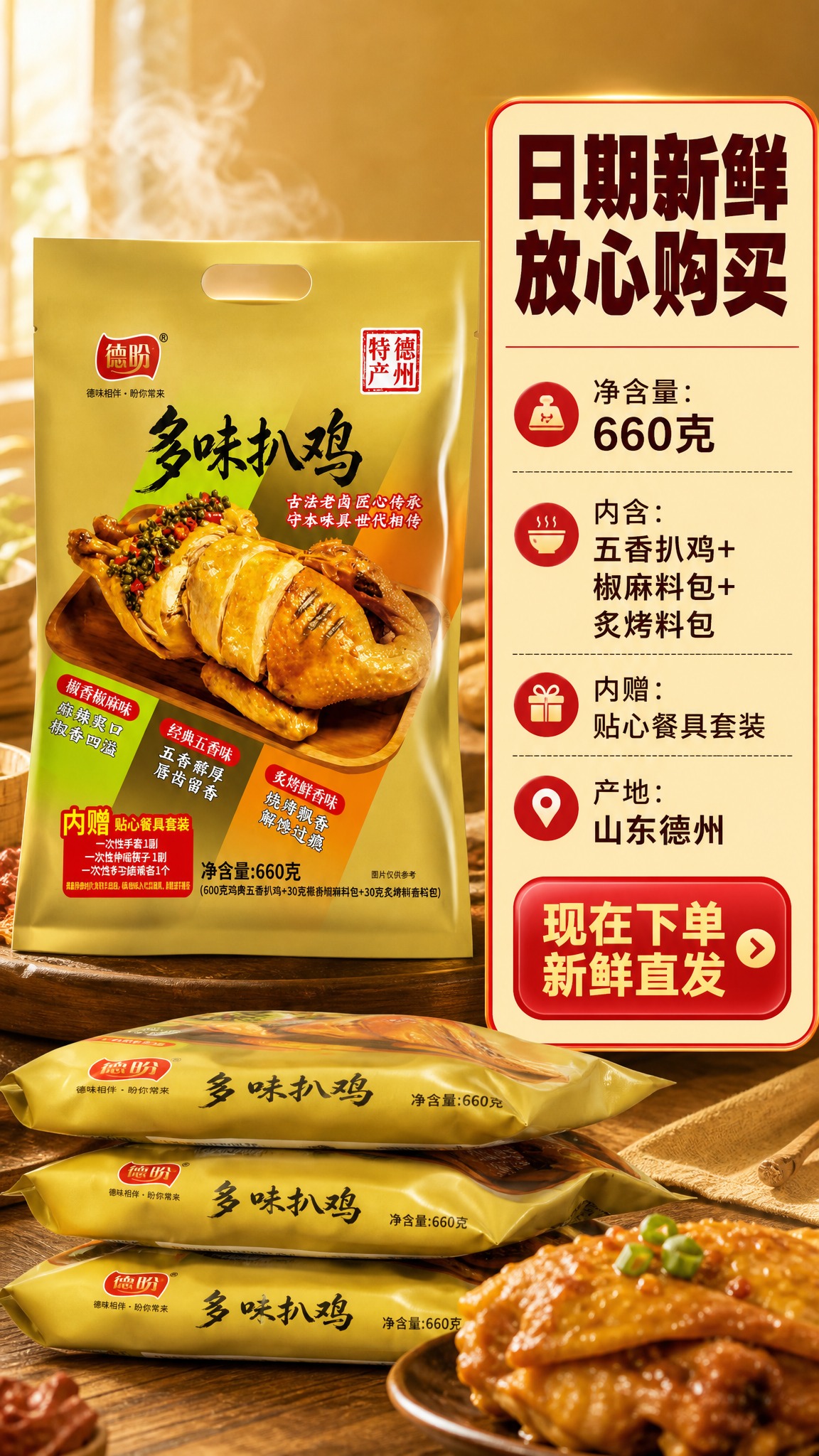 [商品] 使用【图1】德盼多味扒鸡金色包装袋，置于画面中部偏左… - 图片创意预览