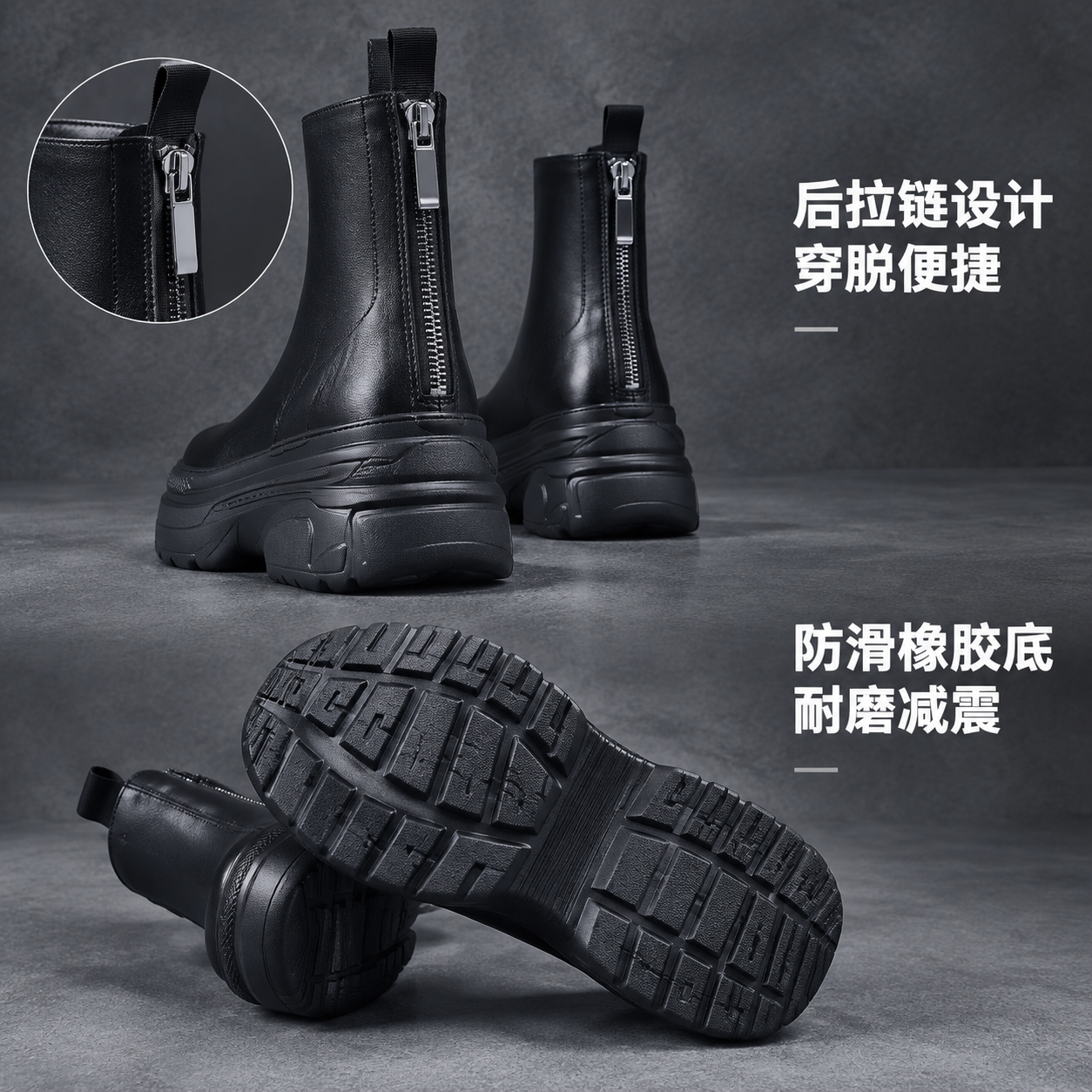 [主图-5] 鞋底与功能展示，突出厚底防滑耐磨与后拉链便捷设计… - 图片创意预览