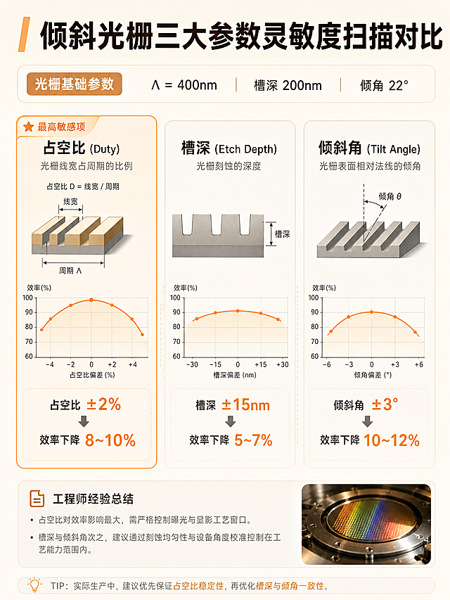 小红书正文配图第2张【参数灵敏度对比页】，全局风格约束：暖色技术博主风，米灰暖白柔和底色，禁止纯黑色背景、赛博 HUD 特效、科幻 UI、Q 版卡通、学术论文样式，工程写实示意图，不要过度艺术渲染，竖版 3:4（四周预留安全留白），顶部设置加粗标题栏，参数重点数字浅橙色高亮，使用圆角卡片、浅灰分割线，整套视觉完全统一，AR 衍射光栅工艺干货，工程师量产经验帖。标题："倾斜光栅三大参数灵敏度扫描对比"；画面内容：三张并列圆角信息模块，分别展示占空比、槽深、倾斜角对应的效率衰减幅度；参数内容：占空比 ±2%｜效率下降 8~10%；槽深 ±15nm｜效率下降 5~7%；倾斜角 ±3°｜效率下降 10~12%，浅灰色分割线区分模块，突出占空比为最高敏感项。光栅基础参数标注：Λ=400nm，槽深 200nm，倾角 22°。