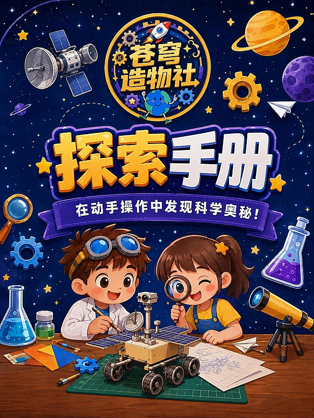 修改手册封面：1. 将「探索手册」四个大字适当缩小一些，保持居中但尺寸更协调；2. 「探索手册」下方的小字「在动手操作中发现科学奥秘！」中，把「在动手操作中」这几个字的颜色改成同一种颜色（与后半句颜色统一，保持整体一致）；3. 火星探测车模型上的所有文字和图案都去掉，保持车体干净简洁。其余元素保持不变：顶部「苍穹造物社」圆形徽章logo不变，左上角替换后的宇宙元素保留，深蓝色宇宙星空背景，卡通插画风格，齿轮行星星星等元素，底部干净无文字区域，整体色调深蓝紫金。