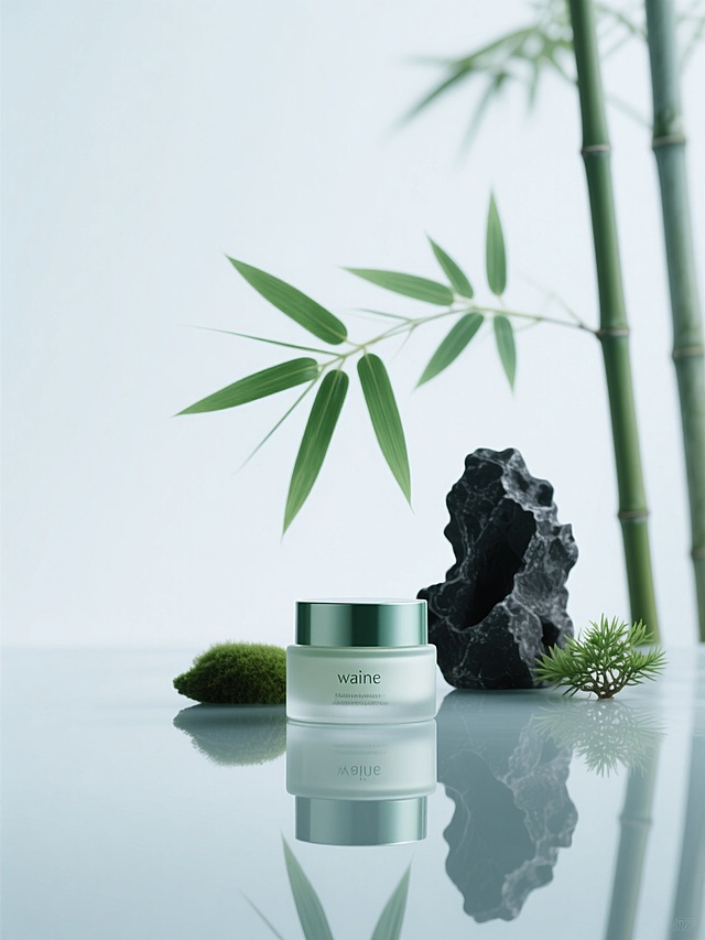 一瓶晚霜特写，后方一个绿色竹叶，倒影，黑色太湖石、小株绿植，东方意境，青色调