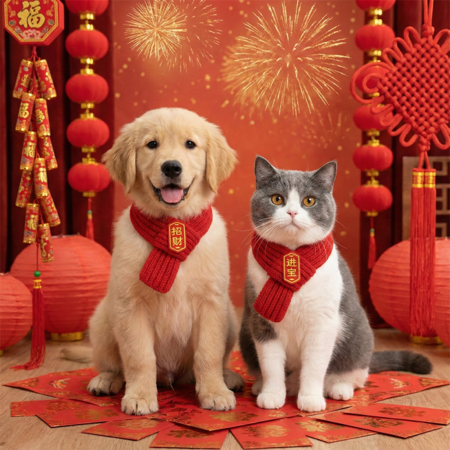 帮我把图片尺寸改成800*800，并把图片中的猫咪和狗狗都换一只，添加一些新年元素预览效果