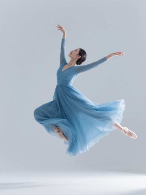 一位身着飘逸蓝色长裙的亚洲女性舞者，在纯白色背景下展现优雅的跳跃舞姿，双臂舒展，裙摆在空中形成优美的弧线，姿态轻盈灵动，面部神情专注而柔和，整体画面干净简洁，突出舞者的动态美感和服装的飘逸质感，光线明亮均匀，阴影细节自然，无任何文字或装饰元素。预览效果