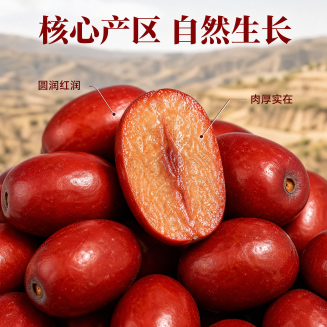 [主图-2] 黄土高原酸枣核心亮点展示主图。
[氛围风格] 产地溯源真实风，突出产品品质感
[画质] 商业摄影质感、自然光线、产品清晰真实、画面干净高级。
[元素] 画面中心展示半颗切开的酸枣，清晰呈预览效果