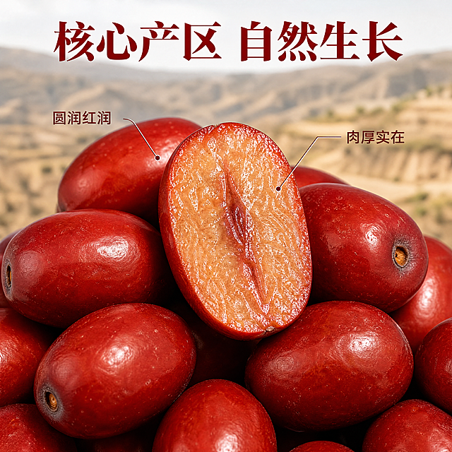 [主图-2] 黄土高原酸枣核心亮点展示主图。
[氛围风格] 产地溯源真实风，突出产品品质感
[画质] 商业摄影质感、自然光线、产品清晰真实、画面干净高级。
[元素] 画面中心展示半颗切开的酸枣，清晰呈现厚实红润果肉，周围摆放完整酸枣果实。保持酸枣外观、颜色、果肉质感与输入产品图绝对一致，杜绝变形色差，精细化处理。背景浅虚化黄土高原坡地，体现产地属性。商品主体占比75%左右，画面满屏无边框。用极细引线分别指向果皮和果肉标注特点。
[光影] 自然正午柔光，均匀打亮果实，突出切面果肉纹理，果肉水润光泽，整体明暗适中，层次清晰。
[配色] 主色果实深红色，背景浅土黄色，简约自然，对比清晰。
[视角构图] 略微俯视，中心果实为视觉焦点，景深较浅，突出细节。
[文字版式] 顶部居中大字主文案“核心产区 自然生长”深红色粗体，引线标注对应位置文字：果皮标注“圆润红润”，果肉标注“肉厚实在”，文字小而清晰，不遮挡主体，符合拼多多直白风格。
[比例分辨率] 1:1 比例，4k 分辨率；文字清晰锐利，画面超高清。
[负向提示词] 变形，水印，文字错乱，产品图模糊，背景杂乱，颜色失真，遮挡主体