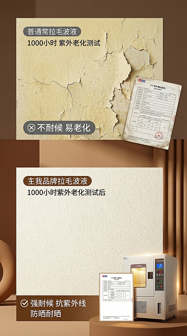 9:16竖版专业建材产品对比实验图，暖咖高级风，8K超清写实摄影，上下分栏对比，上栏：普通拉毛漆经1000小时紫外线老化测试后，墙面严重发黄、开裂、粉化、肌理脱落，标注"❌ 不耐候 易老化"，下栏：自家拉毛漆经同款1000小时紫外线老化测试后，奶白色漆面完好如新，拉毛肌理细腻均匀，无任何老化痕迹，严格保留原拉毛肌理纹理细节，标注"✅ 强耐候 抗紫外线 防晒耐晒"，画面加入紫外线测试仪、老化实验报告等细节，光影专业，对比震撼，适合淘宝详情页性能卖点展示
