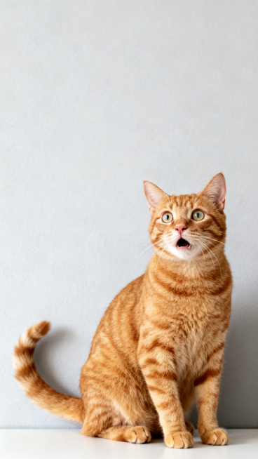 一只坐着的、露出震惊表情的橘猫全身照，写实照片风格预览效果