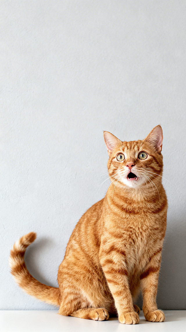 一只坐着的、露出震惊表情的橘猫全身照，写实照片风格