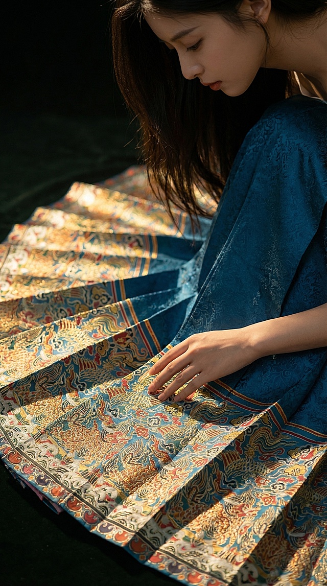 9:16竖版，杂志级工艺特写排版。极致特写裙摆飞翟麒麟织金妆花纹样，麒麟纹理清晰，织金光泽饱满，色彩还原精准，无噪点失真。指定模特单膝跪地，裙摆铺展开，手指轻触纹样，妆容发型自然，长相参考第一张图。俯拍20°，镜头聚焦纹样细节，展示织金工艺的精致与立体。深色背景，侧逆光打光，突出织金光泽；画面氛围奢华高级，突出“非遗织金妆花工艺”“高端面料质感”卖点，传递文化价值。使用第一张图模特和第二张图裙子进行创作。