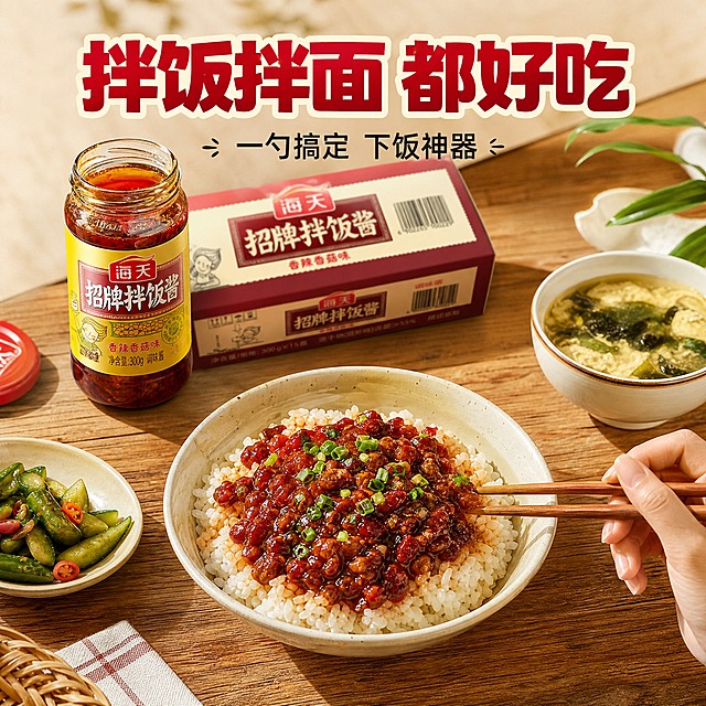 [主图-4] 使用场景 拌饭拌面都好吃
[统一基调] 抖音电商1:1主图 暖色调食欲风 家庭餐桌场景 主标题粗厚黑体大字深红配米白描边 辅助文案清爽黑体小字 高清实拍生活感质感
[画面] 俯拍视角 家庭餐桌上摆放一碗刚拌好的拌饭 米饭上浇满海天招牌拌饭酱 旁边有一双筷子 桌上还有一小碟配菜和一碗汤 背景处放一瓶打开的拌饭酱和整箱包装 产品标签重新设计 画面有生活气息 像是家庭用餐的真实场景 可以有一只手正拿着筷子准备吃 手部自然不僵硬
[光影质感] 自然窗边光 暖色调 食物表面有自然光泽 米饭颗粒分明 酱汁油亮 桌面有真实纹理 整体温馨生活感 不是生硬的棚拍
[配色] 暖木色餐桌 米白餐具 深红酱汁 绿色配菜点缀 整体温暖居家
[文字版式] 画面顶部横排主标题 拌饭拌面 都好吃 下方小字 一勺搞定 下饭神器 文字放在顶部负空间 不遮挡食物主体
[输出要求] 1:1正方形 2K高清 场景自然真实 食欲感强 不出现价格 不出现0添加等绝对词 不出现7天无理由退货 符合电商平台规则 禁止变形 错字 模糊 杂乱 水印 手部正常无畸形