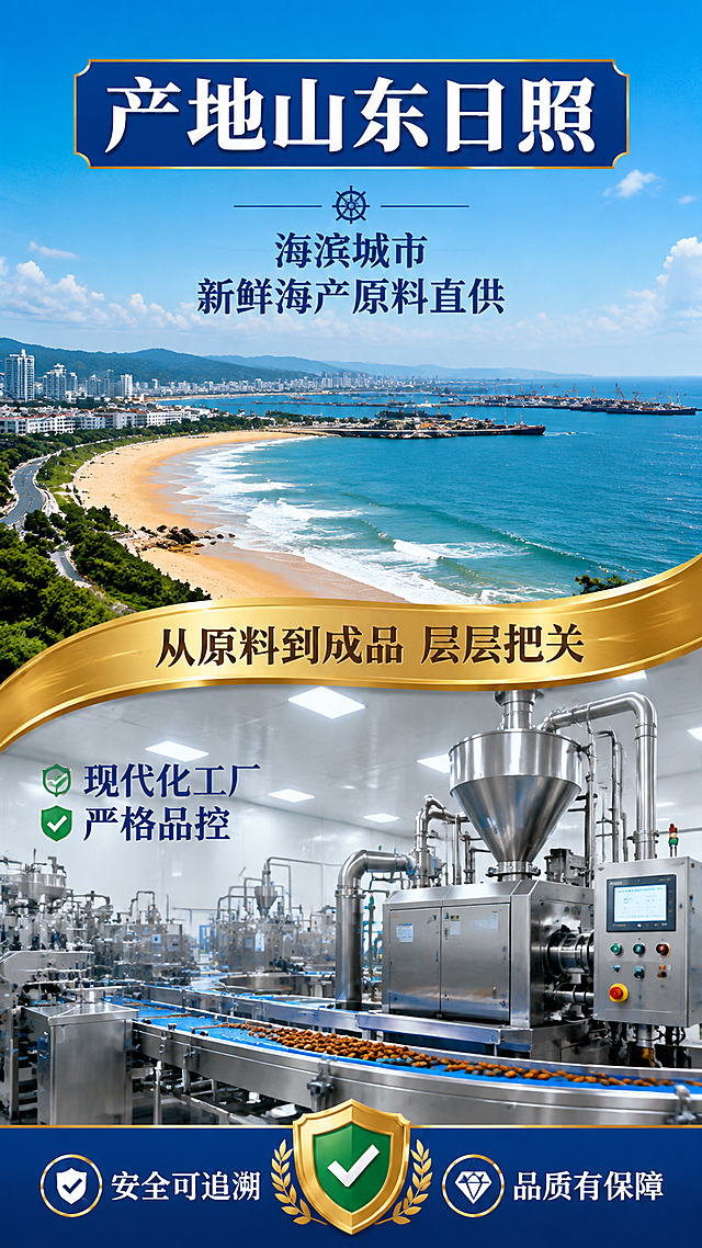 [第8张] 产地溯源页 - 山东日照产地品质。本张为产地专张，无需产品主图。
[氛围/风格] 产地溯源风，海滨城市风光，新鲜真实感，商业摄影质感。
[元素布局] 画面上半部分为山东日照海滨风光全景：蓝天、碧海、金色沙滩、远处的港口渔船，体现海洋产地优势；下半部分为现代化宠物食品工厂车间一角：不锈钢设备、洁净生产线，体现品质保障；中间有一条金色过渡带连接上下两部分；整体画面传递来自海滨城市的新鲜原料和现代化生产。
[光影质感] 上半部分自然光海滨风光，明亮通透；下半部分工厂冷白光，干净整洁；整体层次分明，真实可信。
[配色色系] 全局底色 上半部分海天蓝 #87CEEB 渐变，下半部分工厂白 #F5F5F5；主色 #1E40AF（宫廷蓝）；辅助色 #D4AF37（金色）+ #228B22（品质绿）；字色白色+深蓝。
[视角构图] 上下两段式构图，上海滨下工厂，阅读动线从上到下感受产地到生产的完整链路。
[文字版式] 顶部大标题「产地山东日照」，白色粗体配深蓝色底条；海滨区域配文字「海滨城市 新鲜海产原料直供」；工厂区域配文字「现代化工厂 严格品控」；中间金色过渡带写「从原料到成品 层层把关」；底部品质标签「安全可追溯 品质有保障」。
[比例分辨率] 9:16 竖版比例，4K分辨率，文字清晰可辨，高清画质。
[负向提示词] 场景虚假，文字模糊，颜色偏差，水印，工厂脏乱，人物出现。