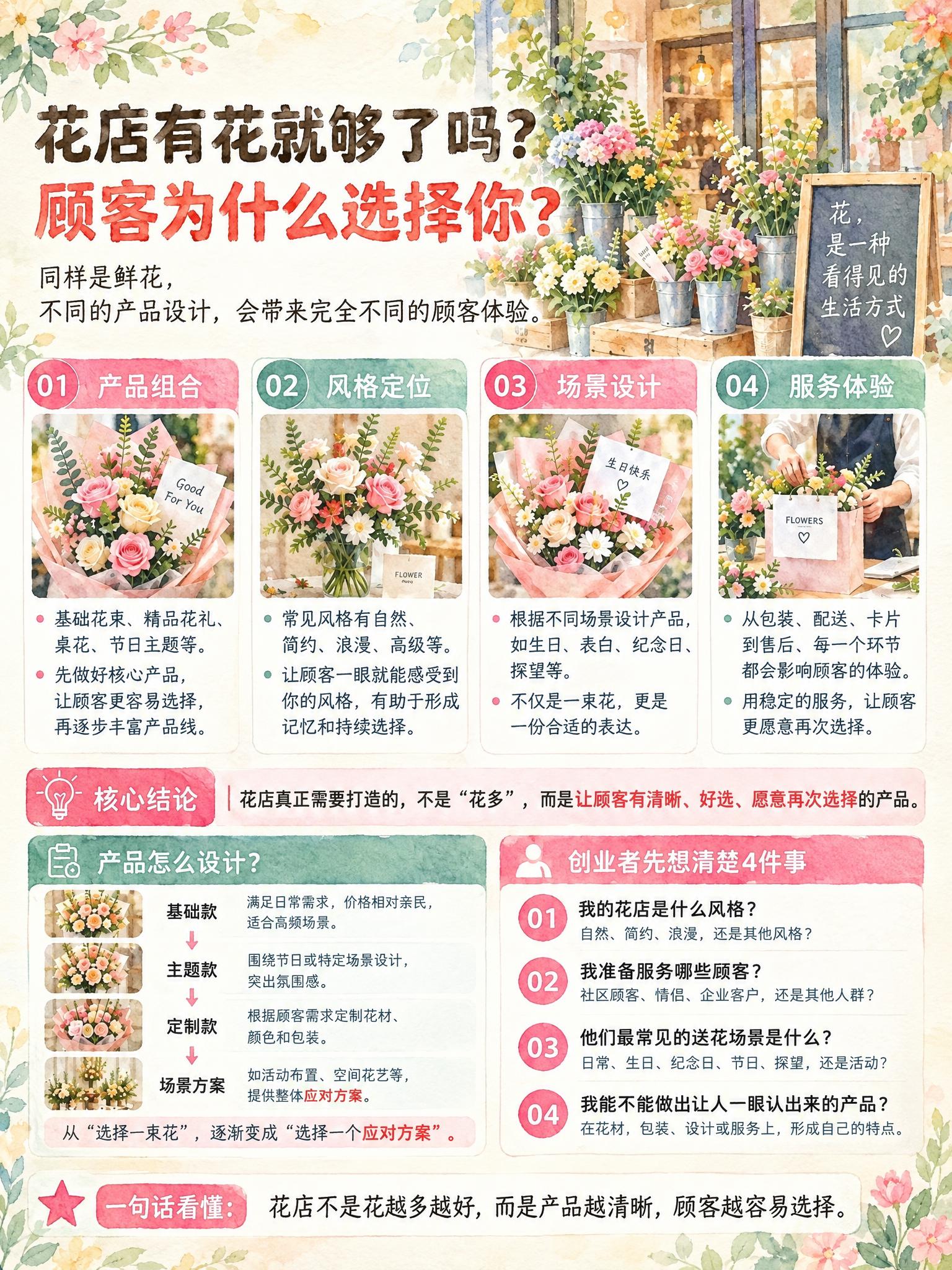 将这张花店行业信息图整体改为手绘水彩插画风格，与之前花店系列的… - 图片创意预览