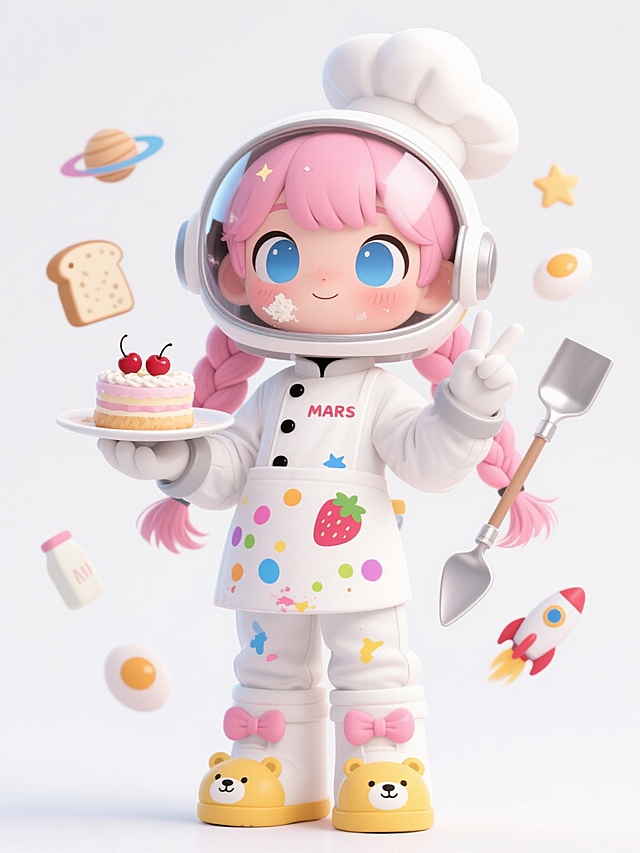 Q版动漫风格插画，可爱的小厨师，粉色双马尾扎着厨师帽，白色厨师服胸前有草莓图案围裙，黑色纽扣，大大的蓝色眼睛闪烁着专注光芒，脸颊沾着面粉微红，左手端着一盘装饰有樱桃的迷你蛋糕，右手握着银色小铲子，脚下踩着黄色小熊图案的厨师鞋，周围漂浮着面包、牛奶和鸡蛋的卡通图标，白色背景突出人物形象，线条圆润柔和，光影明亮柔和，氛围活泼可爱，画面简洁干净，充满童趣。

Q版动漫风格插画，可爱的小宇航员，粉色长发编成两条麻花辫垂在宇航服两侧，白色宇航服印有星星图案和"MARS"字样，头盔面罩反射着星光，大大的蓝色眼睛充满好奇，脸颊因兴奋而微红，左手握着迷你星球模型，右手比着"V"字手势，脚踩带有粉色蝴蝶结的白色宇航靴，周围漂浮着土星环、星星和火箭的卡通图标，白色背景突出人物形象，线条圆润柔和，光影明亮柔和，氛围活泼可爱，画面简洁干净，充满童趣。

Q版动漫风格插画，可爱的小画家，粉色长发用画家帽束成低马尾，白色宽松衬衫袖子卷到手肘，胸前沾着彩色颜料点点，黑色背带裤上挂着调色盘，大大的蓝色眼睛专注地看着画板，脸颊因认真而微红，左手拿着画笔正在调色，右手扶着画架上的彩虹画作，脚踩沾着颜料的白色帆布鞋，周围漂浮着画笔、颜料管和调色盘的卡通图标，白色背景突出人物形象，线条圆润柔和，光影明亮柔和，氛围活泼可爱，画面简洁干净，充满童趣。