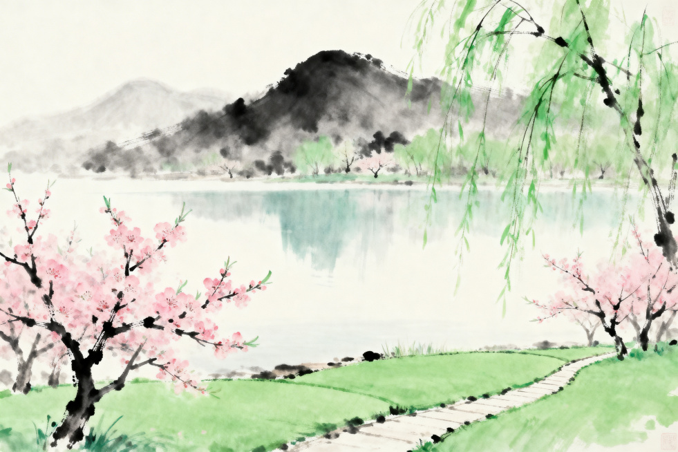 写意春意风景，远处是朦胧黛色的远山，山脚下是平静澄澈的湖泊，湖边生长着开着粉花的桃树，枝条舒展的柳树随风飘着嫩绿的柳条，大片嫩绿色的草坪铺展在湖畔，一条蜿蜒的小路从草坪延伸向湖边，整体是淡雅的写意水墨预览效果