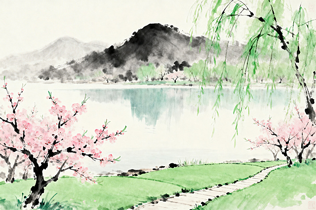 写意春意风景，远处是朦胧黛色的远山，山脚下是平静澄澈的湖泊，湖边生长着开着粉花的桃树，枝条舒展的柳树随风飘着嫩绿的柳条，大片嫩绿色的草坪铺展在湖畔，一条蜿蜒的小路从草坪延伸向湖边，整体是淡雅的写意水墨画风格，氛围清新治愈，充满春日生机