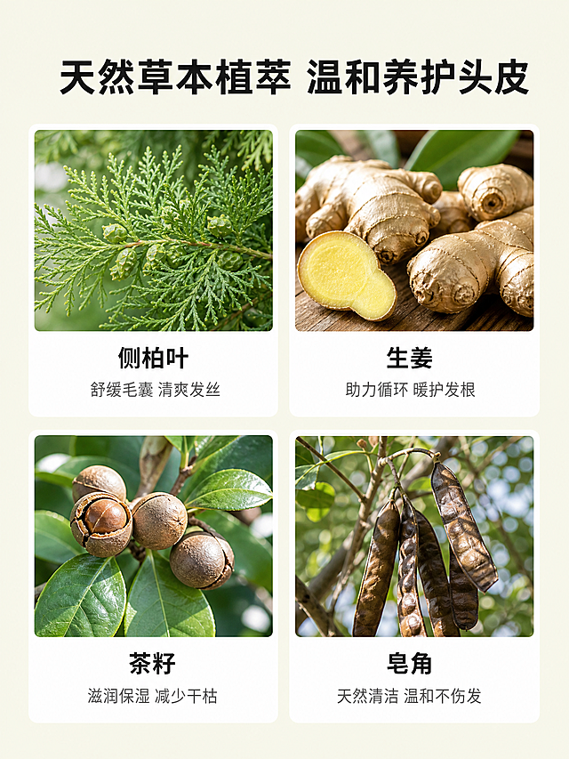[第4屏] 详情页成分介绍-草本熬制洗发水植萃成分网格展示。
[氛围/风格] 自然草本清新风，浅米色背景搭配真实植物素材，简约专业，真实可信。
[元素布局] 页面顶部放置大标题，下方分为四格网格，每格展示一种核心草本植物，从上到下分为两行两列，每格上方放置对应草本植物实拍小图，下方标注成分名称和核心利益。四种成分分别为侧柏叶、生姜、茶籽、皂角，均搭配对应植物实拍图。背景整体为浅米绿色，网格之间留出舒适间距，不拥挤。
[光影质感] 整体光线均匀明亮，植物照片清晰自然，文字和背景对比度适中，阅读舒适，整体通透不压抑。
[配色色系] 全局底色：#F5F5E8（浅米绿）；网格背景：#FFFFFF（纯白）；标题文字：#222222（深棕）；内容文字：#555555（深灰）；植物图保持真实自然色彩。
[视角构图] 顶部标题+下方两行列网格构图，信息排布整齐，符合手机竖屏从上到下阅读顺序，排版均衡。
[文字版式] 顶部大标题「天然草本植萃 温和养护头皮」，深棕色加粗，字号占画面宽度7%；每个格子内，植物图占上半部分60%高度，下半部分第一行加粗成分名，第二行浅灰色小字利益点：侧柏叶「舒缓毛囊 清爽发丝」，生姜「助力循环 暖护发根」，茶籽「滋润保湿 减少干枯」，皂角「天然清洁 温和不伤发」，文字居中对齐，清晰易读。
[比例分辨率] 3:4竖版比例，2K分辨率，所有文字清晰可辨，移动端可读。
[负向提示词] 植物失真，文字错乱，排版拥挤，颜色偏差，虚假宣传，夸大功效，水印，不规则变形。