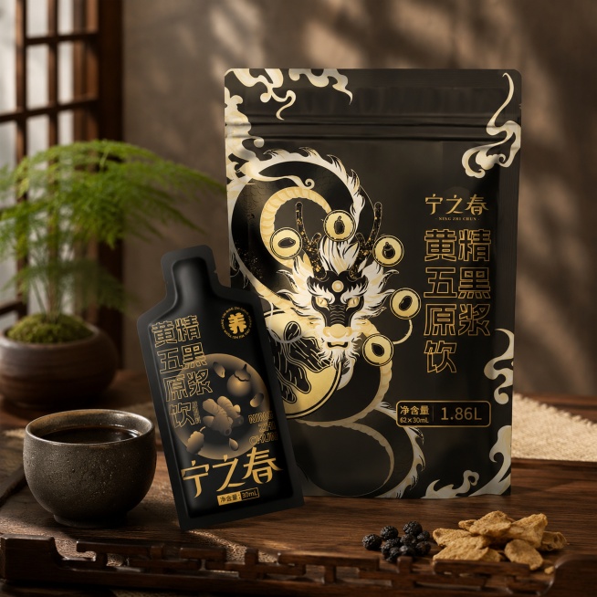 高端新中式饮品摄影。
主体：黄精五黑原浆饮品外袋和内袋严格参照上传产品图，完整保留所有可见组件、轮廓、结构、比例、材质、颜色与产品本体上的文字信息（logo/型号/规格/参数等），与上传图完全一致；自预览效果