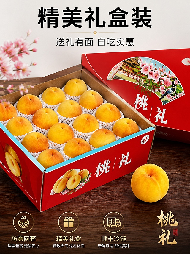 [第7屏] 包装展示-礼盒装开箱展示。本屏使用【图2】作为包装参考。
[氛围/风格] 精致礼赠风，高端大气，突出礼盒品质感，商业摄影质感。
[元素布局] 画面中央为打开的桃子礼盒，占比约60%，礼盒内整齐摆放着套网套的黄油盘桃；礼盒盖斜靠在旁边，露出红色礼盒外观与桃花图案；礼盒旁放置一颗单独的桃子做对比；底部为深棕色木纹台面；整体呈现开箱展示效果。礼盒样式、桃子颜色与输入图一致。
[光影质感] 上方柔和主光，礼盒内部均匀受光，桃子色泽鲜亮，礼盒边缘有自然高光，整体精致有质感。
[配色色系] 全局底色 #FAFAFA（浅灰白）；主色礼盒红 #D32F2F、金黄桃色 #FFA000；辅助色深棕木纹、白色网套。
[视角构图] 45°斜俯视开箱视角，礼盒为视觉中心，阅读动线顶部标题 → 中央礼盒 → 底部规格信息。
[文字版式] 顶部居中主标题「精美礼盒装」大号黑体；副标题「送礼有面 自吃实惠」；底部三个包装卖点横向排列：「防震网套」「精美礼盒」「顺丰冷链」，每个配图标；右下角标注「桃礼」字样呼应礼盒。
[比例分辨率] 3:4竖版比例，4K分辨率，文字清晰可辨。
[负向提示词] 礼盒变形，桃子错乱，水印，文字模糊，颜色偏差，包装文字乱码