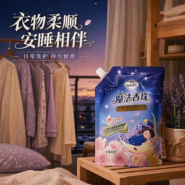 [主图-4] 详情图-使用场景：卧室阳台洗衣晾晒场景，展示产品在真实家居环境中的使用状态。
[统一基调] 京东平台品质稳重风格，文字占比<30%，一图一重点。整体高端精致梦幻静谧，深蓝紫星空渐变主色调，点缀星光与花瓣元素。标题字色为珍珠白配金色描边，辅助字色为浅薰衣草紫，强调色为玫瑰金。字体为优雅衬线体，字号层级分明。
[画面] 产品放置在画面右前方的木质阳台置物架上，占比约35%，正面展示，外观与输入图完全一致。左侧背景是温馨的卧室阳台场景：晾衣架上挂着几件柔顺的睡衣和家居服，衣物随风轻摆，旁边有一小盆薰衣草盆栽。窗外是傍晚的蓝紫色天空，有星星开始闪烁。场景整体温暖静谧，体现安睡主题的生活氛围。
[光影质感] 真实家居场景摄影质感，傍晚柔和自然光，暖色调环境光与产品的蓝紫色调和谐融合，产品有自然接触阴影，不悬浮，边缘自然融入场景。
[配色] 暖木色 + 米白色家居 + 蓝紫傍晚天空 + 产品本身蓝紫色调 + 白色文字。
[文字版式] 左上角主标题「衣物柔顺 安睡相伴」，下方小字「日常洗护 持久留香」。文字为优雅衬线体，放在左上角负空间，不遮挡产品主体和场景重点。
[输出要求] 1:1正方形比例，文字清晰可读，产品清晰完整不变形。负向：禁止出现第二件、半价、加赠、一瓶即净、一瓶搞定等违规词；禁止保证性词汇；禁止出现其他产品；禁止产品变形、错字、模糊、杂乱、水印、京东Logo；禁止人物面部扭曲、肢体畸形。