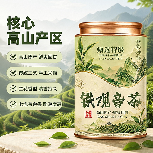 铁观音茶产地溯源主图，左文右品标签参数型版式。右侧主体为一罐铁观音茶罐站立展示，茶罐外观与输入产品图绝对一致，占画面约50%。左侧35%区域：顶部粗黑体大标题「核心高山产区」，深墨绿色。标题下方竖排四组绿色勾选框卖点标签：「高山原产 鲜爽回甘」「传统工艺 手工采摘」「兰花香型 清香持久」「七泡有余香 耐泡度高」，每组标签为圆角胶囊形，浅绿底深绿字。背景为连绵茶山茶园实景，层层梯田茶树、薄雾晨光、远山如黛，自然柔光漫射。底部浅米色台面承托茶罐，散落几片新鲜茶叶叶片增加真实感。整体画面清新自然，传递产地信任与品质感，文字左对齐留安全边距，不遮挡茶罐主体。