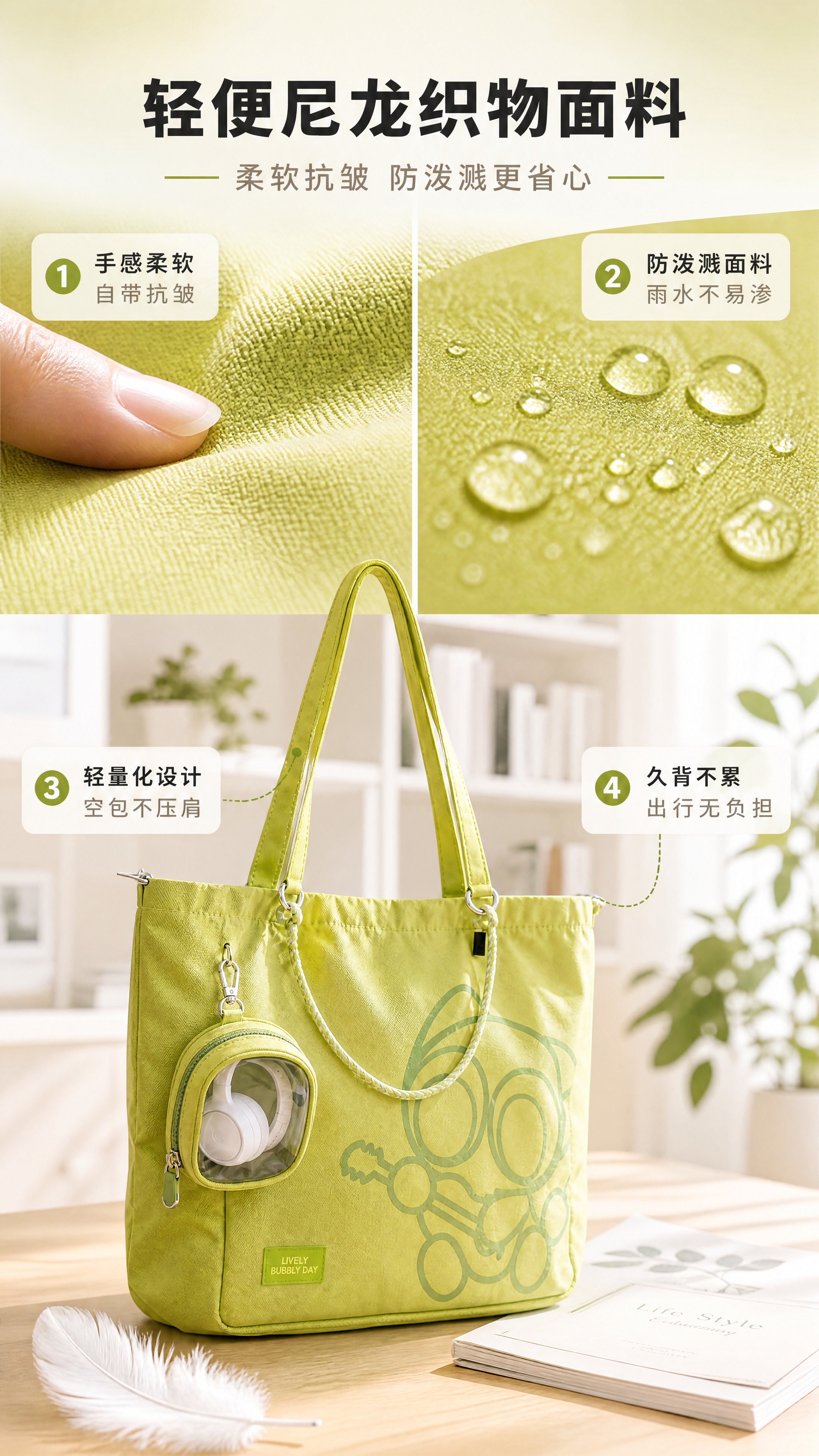[商品] 使用【图1】柠绿色罗小黑联名尼龙托特包；商品处理：保… - 图片创意预览