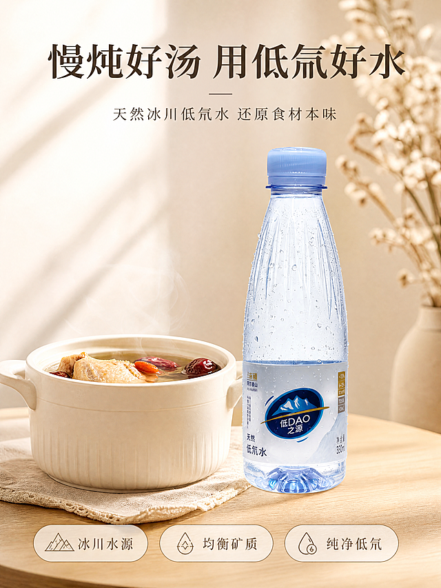 商业产品摄影，4:3竖版，阿尔泰山低之源低氘水为画面主体，瓶身完整保留透明瓶体、浅蓝色瓶盖与品牌标签细节，和用户原图产品完全一致，瓶身凝着细密的冷凝水珠，通透干净，无发黄发灰的滤镜。产品置于浅原木色餐桌一角，旁边摆放一只冒着淡淡热气的米白色陶瓷炖盅，炖盅里盛着清润的养生汤，炖盅下垫着一块米亚麻餐布。背景是虚化的浅米白墙面与几支浅色系干花，暖调柔光从侧前方45°均匀打在瓶身与炖盅上，突出瓶身的通透高光，整体色调以浅原木暖棕、米白、瓶身的清透浅蓝为主，干净柔和不偏色，画面温馨治愈，充满居家养生的松弛感。添加指定文字：主标题「慢炖好汤 用低氘好水」放在顶部，副标题「天然冰川低氘水 还原食材本味」放在主标题下方，底部三个卖点标签「冰川水源」「均衡矿质」「纯净低氘」。4K高清细节，高级生活质感，保持产品外观、标签文字与原图完全一致，杜绝变形、偏色和文字错乱。