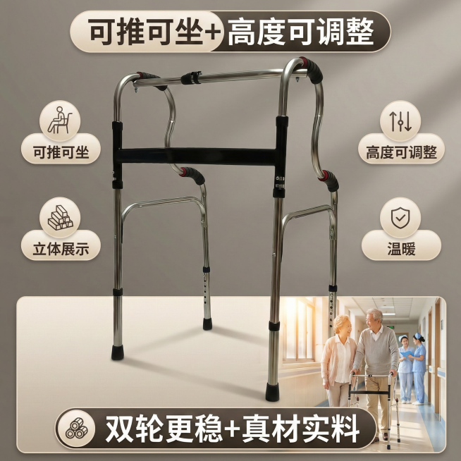 这张图片是产品主体这款产品是助行器  我需要设计20张主图在拼多多上面售卖    可以用 老年人等场景进行主图场景布局设计一个高级主图  一些主图文案内容  厂家直销 可推可坐 加粗加厚 轻便省力 承预览效果