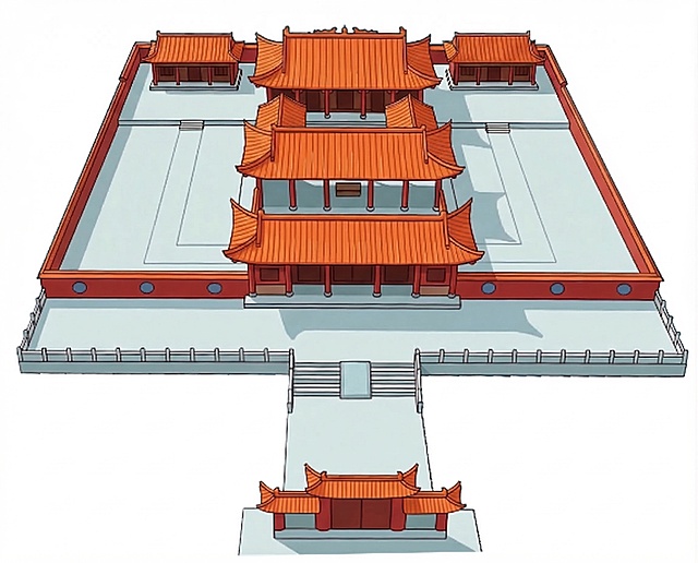 去掉图片左右两边、左下角和右下角的房子，将这些位置替换成和整体风格一致的围墙，保留原有的中式古建筑和草坪布局