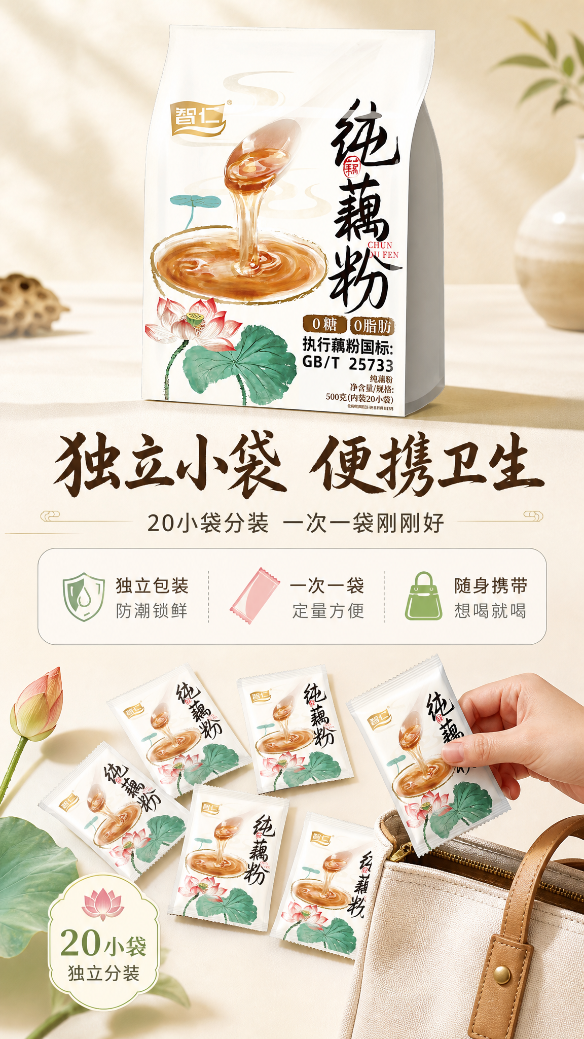 [商品] 使用【图1】智仁纯藕粉袋装产品；保留产品包装整体结构… - 图片创意预览