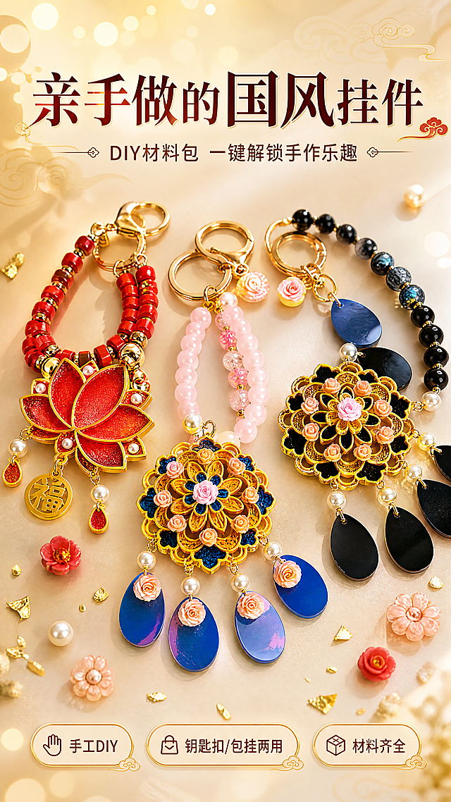 [商品] 使用【图1】三款国风DIY挂件全家福（红金莲花福字款、粉蓝宝相花款、黑金宝相花款）；保留每款挂件的结构、颜色、珠串、金属扣、亮片吊坠、珍珠装饰和整体比例，增强五金光泽与珠片通透感，去除背景毛绒布的杂乱感。
[画面] 第1张·氛围头图，目标突出三款成品挂件的国风颜值与DIY手作温度，吸引点击。居中偏上展示三款挂件呈扇形错落排列，主体占画面60%；上方留白放主标题，下方放副标题与短卖点标签；前景点缀散落的小珠花与金箔碎片，中景为挂件主体，背景为暖米色渐变柔焦纹理，带柔和光斑。
[视觉] 套系策略：风格=国风精致手工感商业摄影；标题字=国风宋体加粗带衬线；正文字=圆润无衬线体；主色=暖金+朱砂红；背景延展=基于暖米杏色做深浅渐变、暗纹祥云肌理和柔光质感；强调色=朱砂红，仅用于小面积标签、引线和重点文字高亮；标题色=深棕红；正文色=暖棕灰；组件=圆角金边信息卡、细金线引线、祥云小图标；光影=左前侧暖柔光，金属件带高光反射。
[文字] 顶部主标题"亲手做的国风挂件"，副标题"DIY材料包 一键解锁手作乐趣"，下方3个圆角标签："手工DIY"、"钥匙扣/包挂两用"、"材料齐全"；文字全部横向排版，不遮挡挂件主体。
[规格] 图片比例9:16竖版，4K，medium画质，避免变形、错字、文字过小、冷蓝背景、挂件颜色改变、结构缺件。