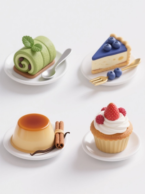 纯白背景上，四个不同下午茶甜点以等距九宫格式规整排列，保持高清写实摄影风格，光线明亮柔和，阴影细腻自然。左上角为抹茶红豆卷配银色小勺和薄荷叶，右上角是蓝莓芝士挞搭配金色小叉和新鲜蓝莓串，左下角呈现焦糖布丁配肉桂棒和香草豆荚，右下角展示草莓奶油马芬配覆盆子和白色陶瓷小碟，所有甜点色彩饱和，质感细腻，边缘清晰，整体构图平衡对称，营造出精致统一的下午茶系列感。预览效果