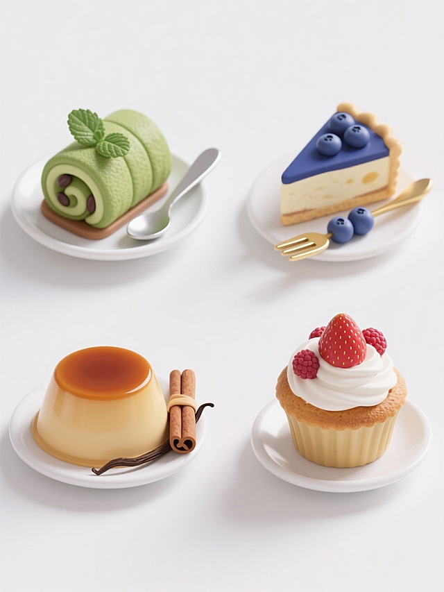 纯白背景上，四个不同下午茶甜点以等距九宫格式规整排列，保持高清写实摄影风格，光线明亮柔和，阴影细腻自然。左上角为抹茶红豆卷配银色小勺和薄荷叶，右上角是蓝莓芝士挞搭配金色小叉和新鲜蓝莓串，左下角呈现焦糖布丁配肉桂棒和香草豆荚，右下角展示草莓奶油马芬配覆盆子和白色陶瓷小碟，所有甜点色彩饱和，质感细腻，边缘清晰，整体构图平衡对称，营造出精致统一的下午茶系列感。