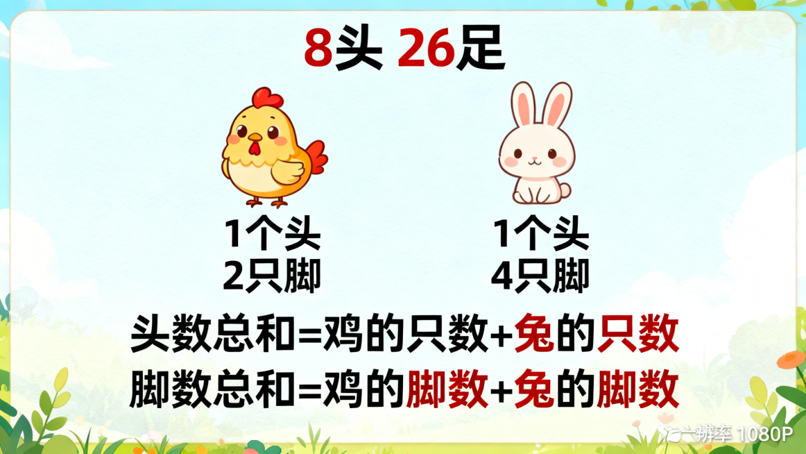 动态知识图表，左侧展示可爱卡通鸡标注“1个头 2只脚”，右侧展示可爱卡通兔标注“1个头 4只脚”，上方标题“8头 26足”，下方清晰展示两个数学公式：“头数总和=鸡的只数+兔的只数”、“脚数总和=鸡的预览效果