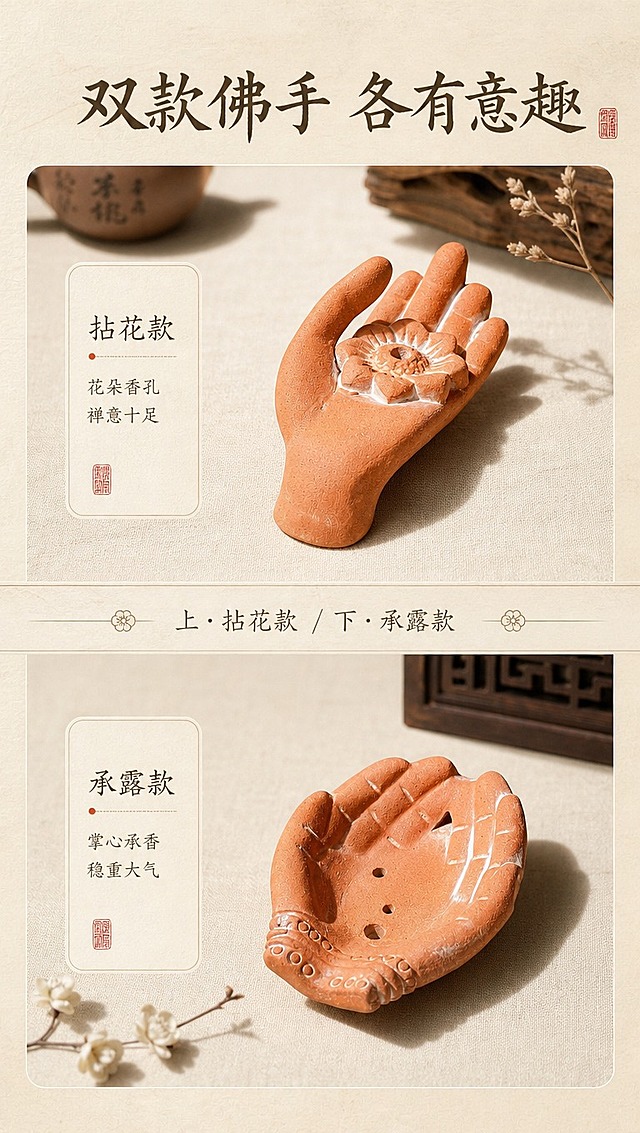 [商品] 使用【图1】两款佛手香插：上方托花款（手背朝上，掌心托花朵）、下方掌心款（掌心朝上，掌纹细节）；保留两款造型差异、陶土橙棕色、粗陶肌理，结构比例不变。
[画面] 目标：第5张款式展示，两款佛手香插并列对比，说明造型差异。构图：上下分栏，上半部分托花款，下半部分掌心款，中间文字分隔带，产品各占画面35%。景别：中近景。每款香插置于独立米色小场景中，配不同小道具区分。
[视觉] 套系策略：风格=东方禅意国风商业摄影；标题字=书法宋体/手写书法体；正文字=简洁宋体；主色=米杏暖白+陶土棕红；背景延展=基于米杏色做深浅肌理、宣纸纹理、同色渐变层次；强调色=赭石红，仅用于小面积印章、引线、标签点缀；标题色=深棕褐；正文色=暖灰棕；组件=细线分隔、圆角米白信息卡、朱砂印章元素；光影=统一左前侧暖柔光，两款光影方向一致。
[文字] 顶部大标题：双款佛手 各有意趣；中间分隔带文字：上·拈花款 / 下·承露款；每款旁配短说明：拈花款-花朵香孔 禅意十足 / 承露款-掌心承香 稳重大气。文字全部横排，层级清晰。
[规格] 图片比例9:16竖版，4K分辨率，负向提示：避免变形、错字、文字过小、冷蓝背景、商品颜色改变、款式混淆、结构失真。