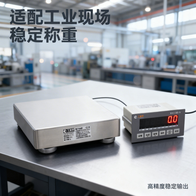 [主图 4 工业场景展示]
[主图主题] 工业称重设备工厂实拍应用场景
[氛围/风格] 真实工厂场景，专业可靠，代入感强
[画面元素] 整套称重设备放置在干净的灰色工业车间工作台面上，背景是虚化的现代预览效果