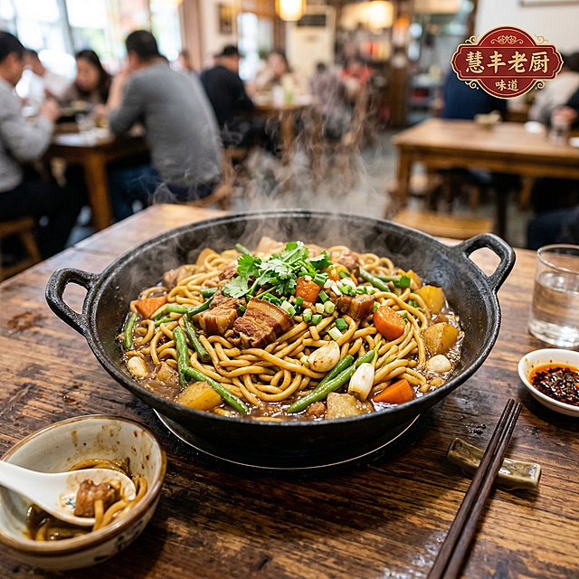 图片的中心位置是一大份热气腾腾的铁锅焖面，图片右上角添加饭店logo文字"慧丰老厨味道"，美食菜品图，真实诱人，清晰质感