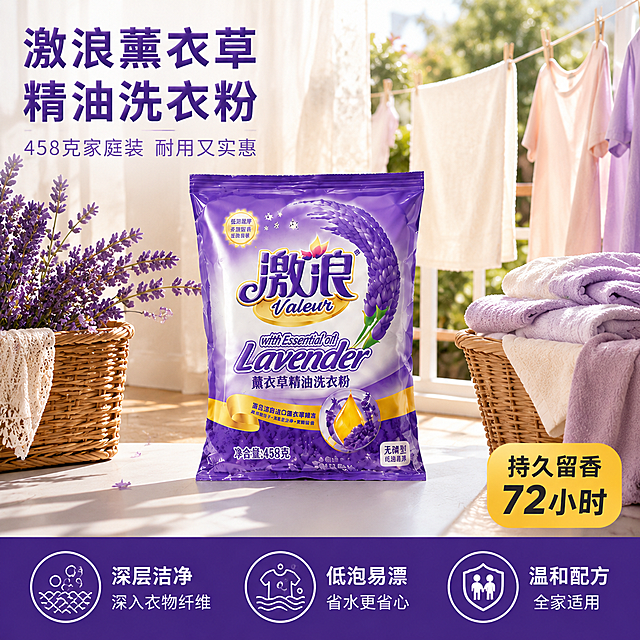 [主图-21] 激浪薰衣草精油洗衣粉458克阳台晾晒场景图
[氛围风格] 阳光阳台晾晒 温馨洁净家居风 真实生活感
[画质] 商业摄影质感 光线柔和通透 产品清晰真实 画面干净高级
[元素] 激浪薰衣草精油洗衣粉458克紫色包装袋居中正面展示 产品外观颜色材质与输入产品图完全一致 无变形无色差 净含量458克字样清晰可见 商品主体占比约60%。背景是洒满阳光的阳台 晾衣绳上挂着洁白的毛巾和彩色衣物 随风轻摆。左侧藤编篮中盛放薰衣草花束 右侧木质洗衣篮叠放干净衣物。地面为浅木色地板 阳光透过窗户形成柔和光斑。产品放置在白色台面上 底部有自然投影。画面满屏无边框 产品与场景自然融合。
[光影] 左侧自然光为主光 透过纱帘形成柔和漫射光 色温偏暖白 产品正面受光均匀 右侧有轻微补光 底部形成柔和接触阴影 整体通透明亮 无硬阴影 阳光感十足
[配色] 主色调薰衣草紫+洁净白 辅助色浅木色+暖金色阳光 整体清新温馨
[视角构图] 平视正面视角 产品为视觉中心 前中后景层次分明 背景虚化突出主体 景深中等
[文字版式] 左上区域左对齐排版 主标题大字"激浪薰衣草精油洗衣粉" 深紫色粗体无衬线 副标题"458克家庭装 耐用又实惠" 字号约为主标题一半 浅紫色。右下角黄色圆角标签内写"持久留香72小时" 黑色粗体。底部通栏三列卖点 每列图标+标题+小字说明 左列"深层洁净 深入衣物纤维" 中列"低泡易漂 省水更省心" 右列"温和配方 全家适用" 白字深紫图标 现代无衬线字体
[输出要求] 1:1比例 文字清晰可辨 超高清商业摄影质感
[负向提示词] 变形 文字错乱 产品模糊 背景杂乱 水印 电商平台Logo 多余手指