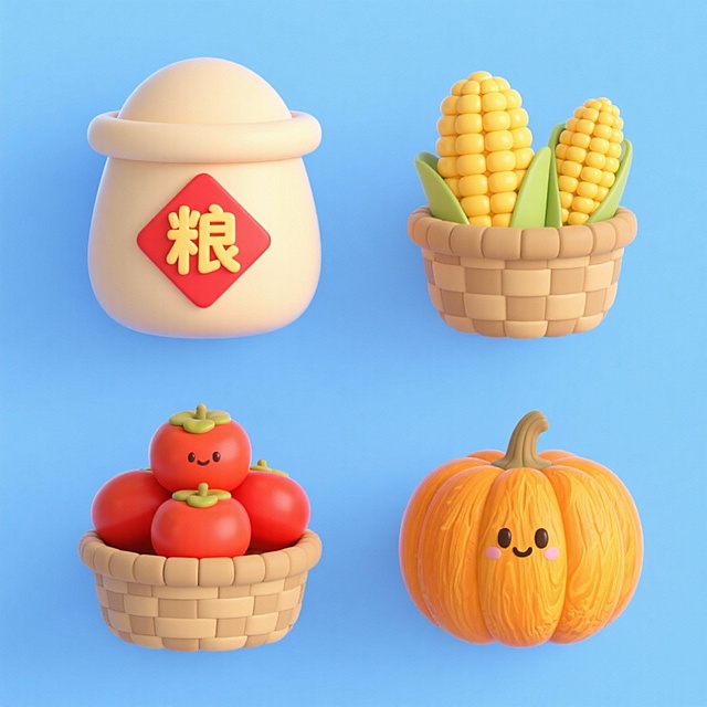 4个中秋素材组合，可爱电商促销感。素材包括：第一个粮仓（贴着带有 “粮” 字的红色菱形福字）；第二个一筐玉米；第三个一筐柿子；第四个南瓜。画面整体呈现鲜艳效果，淡蓝色背景。上下两行，排列整齐