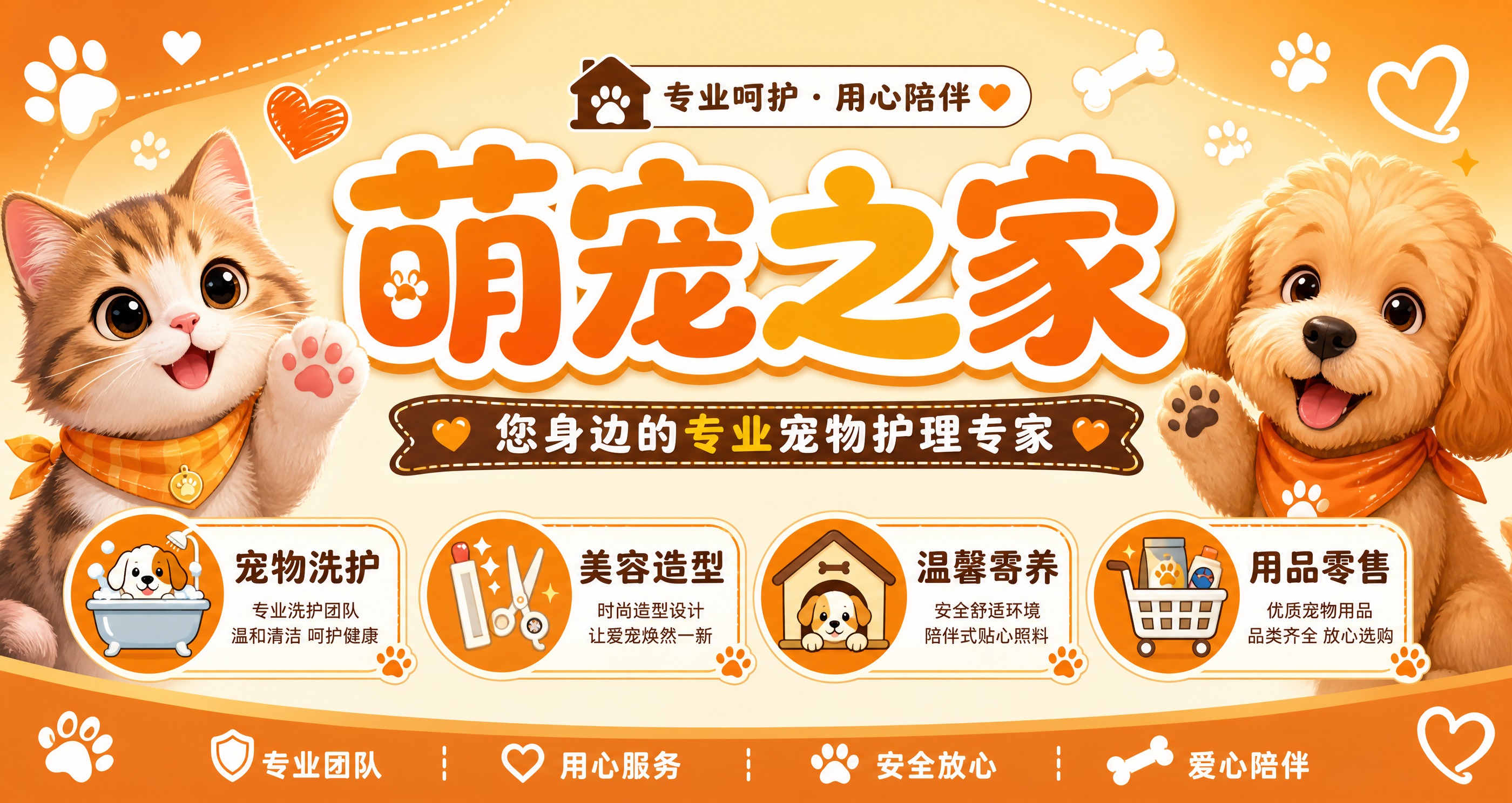 宠物店门头海报设计，横向宽幅构图，温馨治愈系风格。画面中央是醒… - 图片创意预览