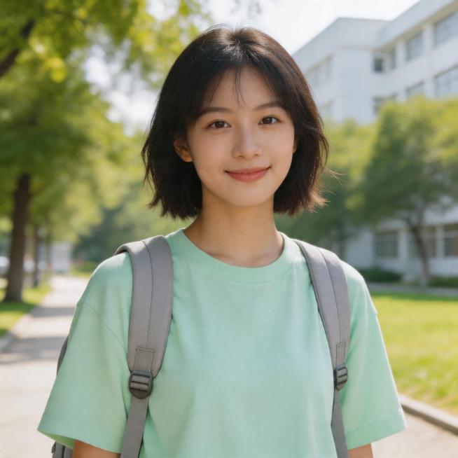 林晓是一名大学生，年龄感约18-22岁，外貌青春清爽，面带微笑且神情坚定。她穿着常见的休闲T恤（明亮色系），背着双肩包，明确展现校园风格，整体画面清新自然预览效果