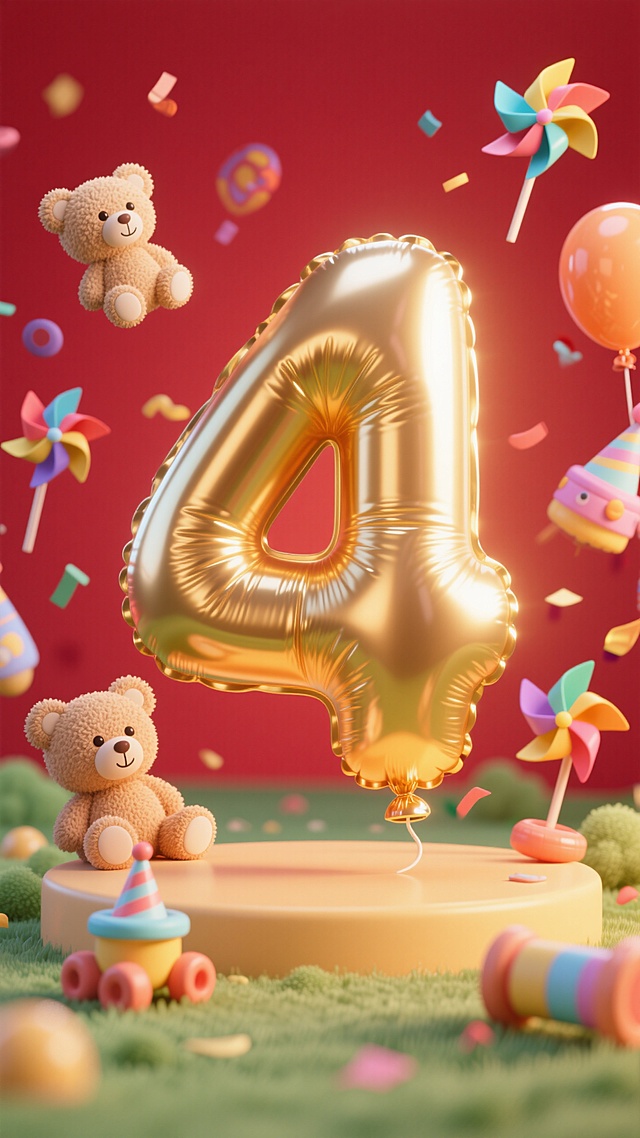 巨大的金色数字“4”的气球，可爱玩具元素悬浮在周围，暖色调，生日氛围，红色背景