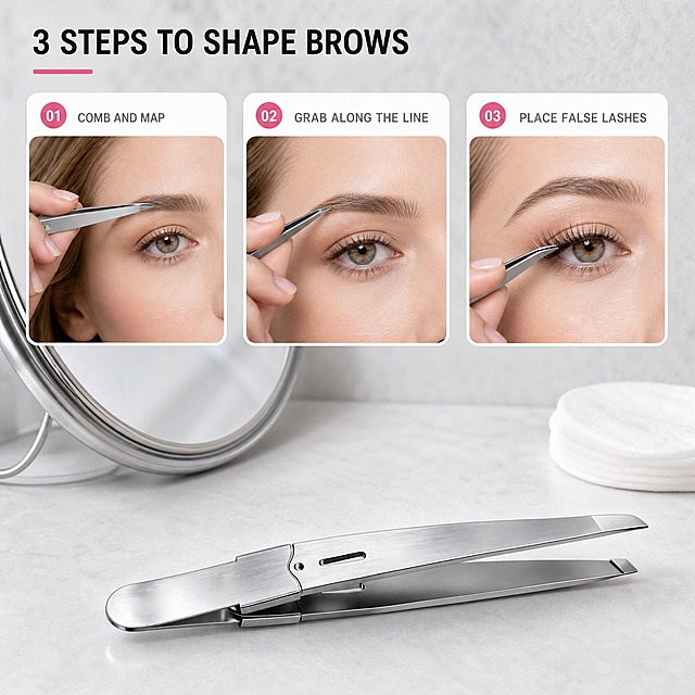[主图-6] 商品名 Precision Slant-Tip Silver Tweezers - Durable Stainless Steel Beauty Tool 的使用步骤与场景图。唯一任务：在真实梳妆环境里展示三步操作流程与完成状态，与前面的用途图、参数图、细节图不重复。
[统一基调] 明亮通透的冷调浅灰白基底，环境以浅灰白台面与浅灰纹理墙面为主，柔光箱均匀布光、低对比柔和阴影；标题字色深灰近黑#1F2328，说明字色中灰#6B7280，小面积强调色玫瑰粉#E8608F仅用于步骤编号圆圈与下划线，辅助色冷银灰#C9CFD6；单一无衬线字体外观，标题最大最粗、说明文字缩小60%以上；组件为细线图标与圆角浅灰白卡片（白底#FFFFFF配1px #E3E6EA描边）；不使用厚重底板、通栏与装饰边框。
[画面] 满版真实梳妆台场景：浅灰白磨砂台面上斜放一面干净圆镜与一小块浅色棉片，银灰斜头镊以稳定使用状态横放在台面前景，占画面主视觉位置；画面上部为三张纵向流式步骤小卡片，01 用斜尖沿眉形梳理定位，02 顺眉线夹除细小杂毛，03 夹起单簇假睫毛贴合真睫毛根部，步骤内只出现欧美女性模特的下半脸与眼部局部及手部局部，模特为32岁上下欧美女性，浅棕金发，浅灰褐色眼睛，手部结构自然、指节数量正常、动作连贯，接触点与遮挡关系真实；卡片内均为完成状态或稳定操作瞬间，不做悬空夹持等易穿帮动作。
[光影质感] 室内自然柔光与影棚补光结合，台面有柔和接触影与镜面极淡反射，皮肤与金属质感真实；产品自然融入场景，光影方向统一，不出现白底残留边与边缘硬切。
[配色] 沿用统一基调冷调浅灰白环境色，玫瑰粉仅作步骤编号圆圈与小量点缀，产品冷银本色为视觉焦点，整体冷调低饱和。
[文字版式] 顶部左侧英文标题 "3 STEPS TO SHAPE BROWS"；步骤卡片内三行短文案横排 "COMB AND MAP"、"GRAB ALONG THE LINE"、"PLACE FALSE LASHES"，配圆形编号 01 02 03，横排无逗号、字号缩小60%以上，文字放在留白处不遮挡操作细节；禁止中文可见文字与说明性标签文字。
[输出要求] 1:1 方图，产品结构与材质与输入图一致，手部与脸部无畸形、无多余手指，文字清晰无错字；禁止变形、穿模、模糊、杂乱、水印、平台Logo。