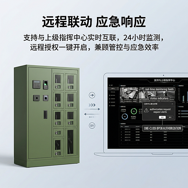 [主图主题] 智能枪弹柜远程联动功能图
[氛围/风格] 科技感专业安防风格
[画面元素] 左侧展示智能枪弹柜实物，右侧展示上级指挥中心监控平台界面示意图，呈现远程监控授权流程，左右布局，产品实物清晰，界面示意图风格简约，整体背景为浅灰蓝色科技渐变背景
[配色色系] 主色调：军绿色柜体，科技蓝背景，黑色界面，白色数据文字
[视角构图] 左右对称布局，整体平视展示
[文字版式] 顶部标题“远程联动 应急响应”，文字说明“支持与上级指挥中心实时互联，24小时监测，远程授权一键开启，兼顾管控与应急效率”，左侧产品右侧界面，文字排版于上方留白处，不遮挡主体
[比例分辨率] 2k分辨率