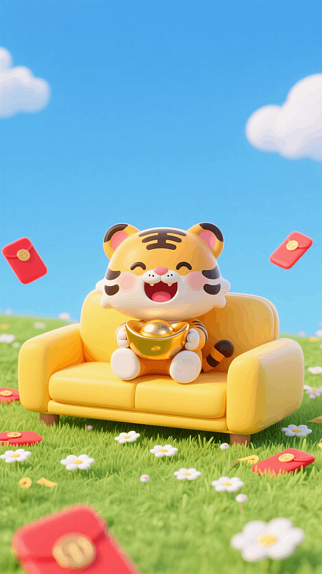 明黄色的沙发上坐着一只头身比1:1的小老虎，抱着金元宝开心的笑，蓝天白云绿草地，白色小花若干，周围散落红包，正面视角
